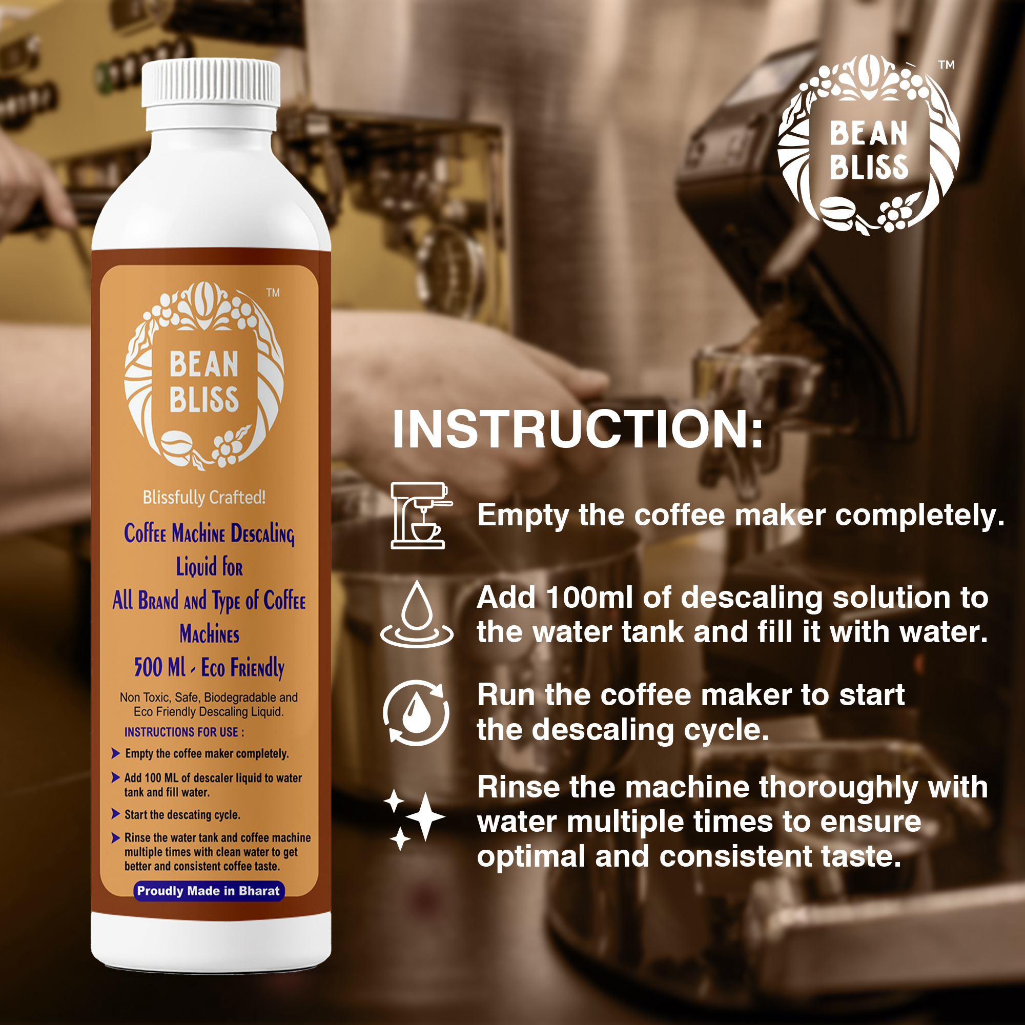 Bean Bliss Eco-Friendly Coffee Machine Descaling Liquid - Effective Solution for All Machines, Prevents Malfunctions, and Ensures Optimal Performance (500ml) - Image 2