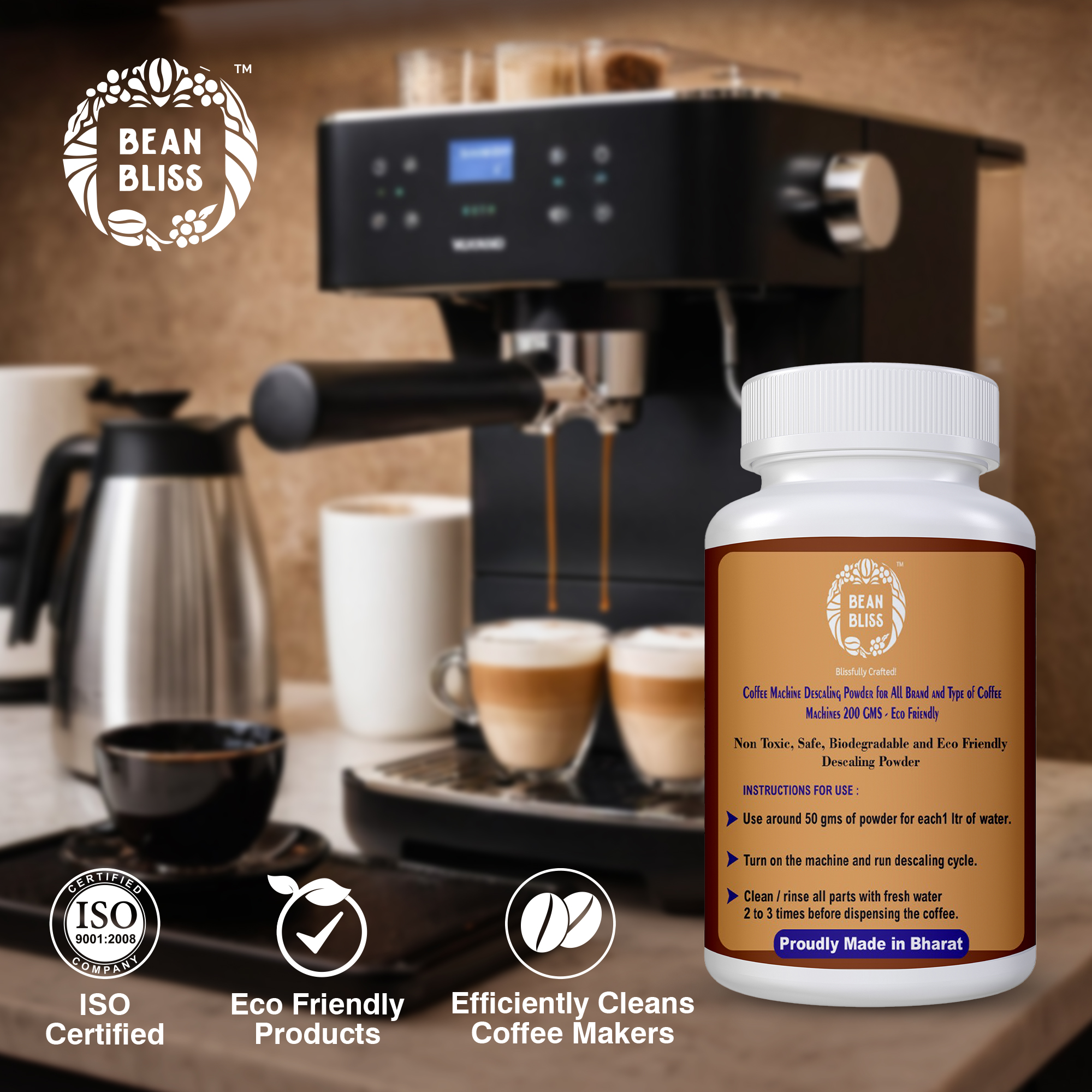 Bean Bliss Eco-Friendly Coffee Machine Descaling Powder- Effective Solution for All Machines, Prevents Malfunctions, and Ensures Optimal Performance (200gm) - Image 3