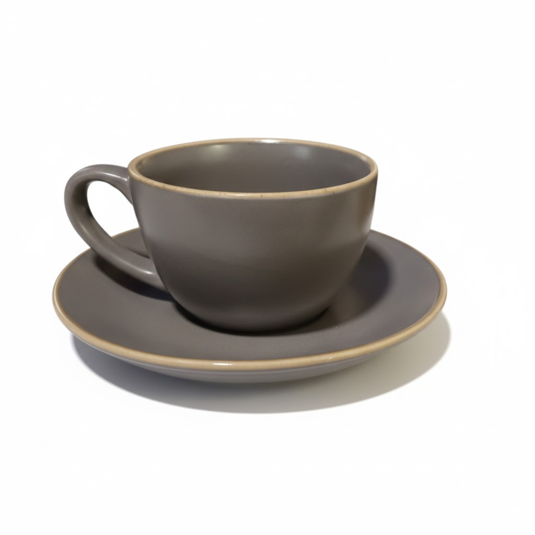 Bean Bliss 180ml Barista Friendly Stone Grey Stoneware Cappuccino and Latte Cup with Saucer – Microwave and Dishwasher Safe, Lead-Free – Set for Coffee Shop, Home, Office, Cafes, Restaurants
