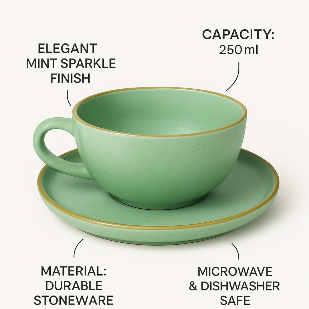 Bean Bliss 240ml Barista Friendly Mint Sparkle Stoneware Cappuccino and Latte Cup with Saucer – Microwave and Dishwasher Safe, Lead-Free – Set for Coffee Shop, Home, Office, Cafes, Restaurants - Image 3